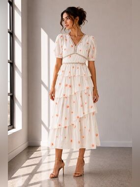 NWOT Tiered White Maxi Dress with Coral Floral Embroidery